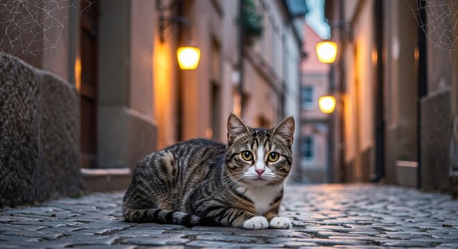 Tabby cat in a cobblestone alley at dusk