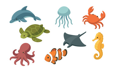 Isometric ocean wildlife icons set – dolphin, jellyfish, crab, turtle, octopus, ray, clownfish, seahorse
