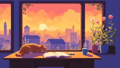 Serene Morning Window View with Sleeping Cat and Flowers