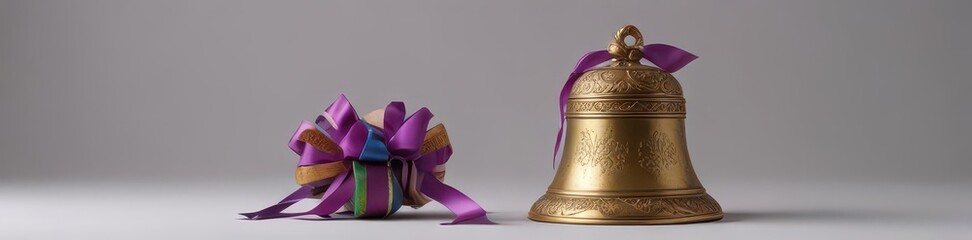 A small, ornate bell with a tied satin ribbon , light, metal, background