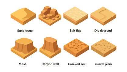 Isometric desert terrain icons set – dune, mesa, canyon, salt flat, soil