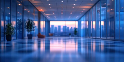 Modern office hallway with glass walls and city skyline view at dusk illuminated by soft lighting