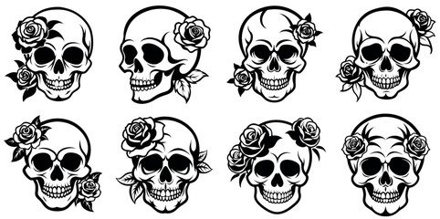 Collection of illustrated skulls adorned with roses and botanical elements