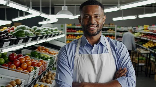 Mid-shot video of a smiling grocer in an apron, standing confidently in a vibrant, well-lit supermarket aisle filled with fresh produce.
