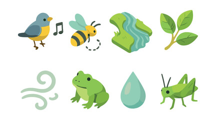 Obraz premium Spring nature sounds icons set: bird, bee, stream, leaves, wind, frog, raindrop, cricket
