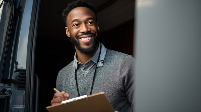 Friendly male field service technician standing with clipboard inside service van smiling at customer