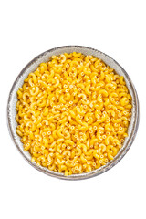 Macaroni pasta raw coquillette appetizer dish organic product fresh tasty gourmet food background on the table rustic food top view copy space