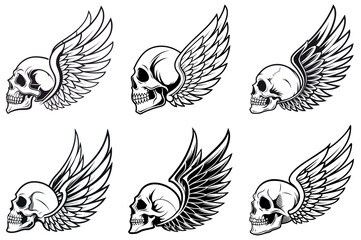 Variety of winged skulls in black and white vector graphic artwork