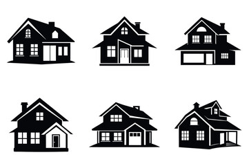 Variety of Black and White House Silhouette Illustrations on a White Background