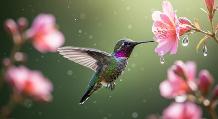 Hummingbird feeding on pink flower