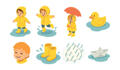 Children in rain icons set – jumping, umbrella, duck, smiling, boots, raindrops, paper boat