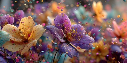 Colorful flowers with confetti create a vibrant celebration ambiance in a lively outdoor setting during springtime