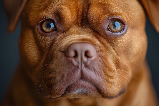 Brown dog with a black nose and brown eyes. The dog has a sad expression on its face