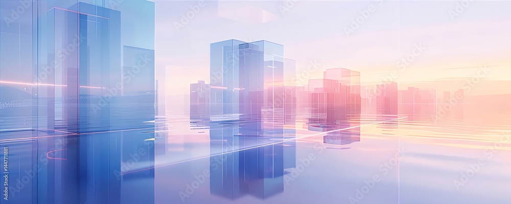 Poster 抽象的な都市のスカイラインの風景 明るい青とピンクの光の中で 反射する水面 現代的なデザイン