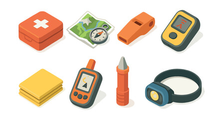 Mountain safety essentials icons set – first aid, map, compass, whistle, gps, flashlight