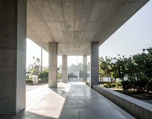 Sunlit modern concrete building exterior with green landscaping. Minimalist architectural design.