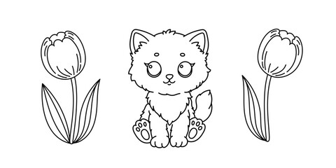 Line art coloring page for kids. Kindergarten or preschool coloring activity. Kawaii kitten and tulips. Cute pet vector illustration
