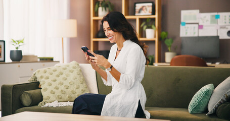 Funny, phone or happy woman on couch laughing at comedy video on social media app for humor. Relax,...