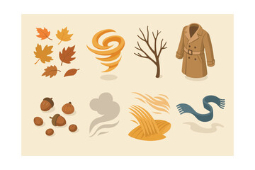 Cozy autumn icons set – leaves, wind, tree, coat, acorns, smoke, hay, scarf