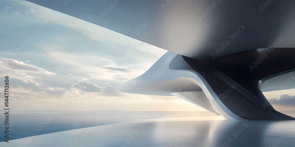 Poster 青空と水面を背景にした近未来的な建築構造の抽象的なデザイン 光と影のコントラストが美しい3Dレンダリング