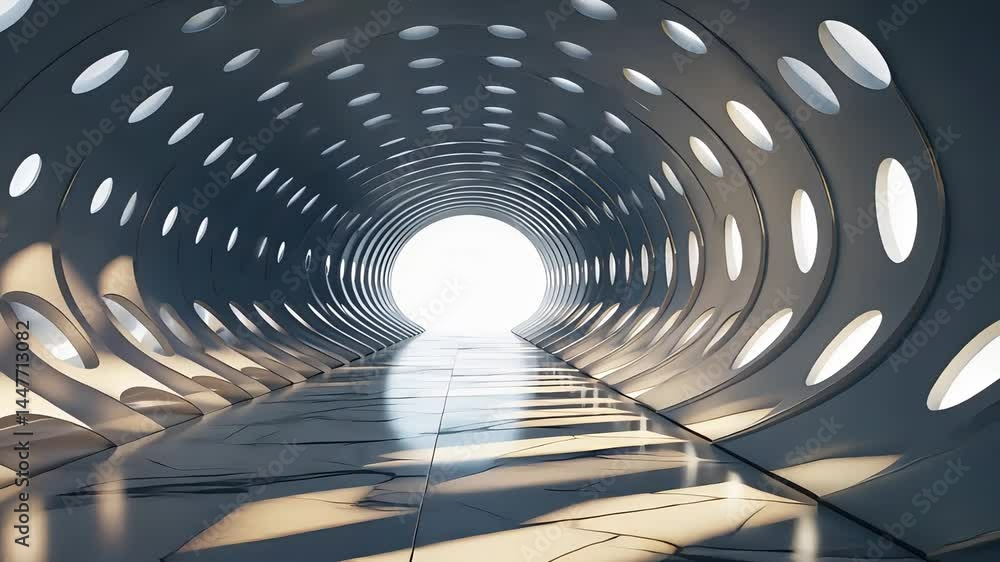 Poster futuristic tunnel with circular windows and a bright light at the end, creating a modern, minimalist