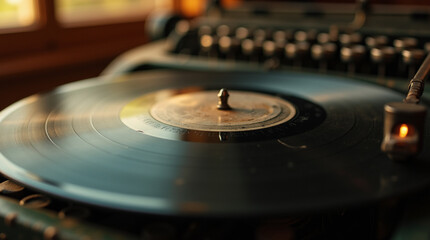 Close-up of an old vinyl record spinning, visible grooves and reflections, nostalgic lighting, retro music scene”

Macro view of antique typewriter keys with patina and dust, vintage detail photogra