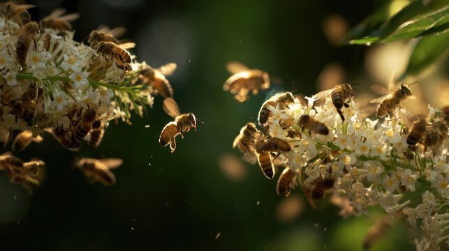 Honeybees flitting around blossoms in a sunlit garden.  Buzzing insects gather pollen and nectar