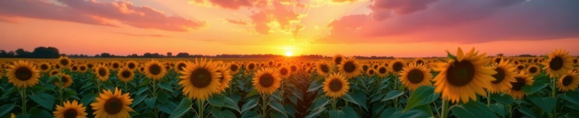 Obraz premium Sunset hues paint sky above vibrant sunflowers, corn stalks sway gently , sunlight, detail, agriculture