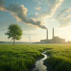 Obraz premium serene landscape featuring factory emitting smoke, surrounded by lush green fields and wind turbines. scene captures contrast between industrial