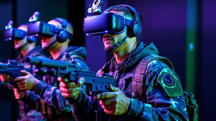 Soldiers in tactical gear using virtual reality headsets during training, immersed in a high-tech environment
