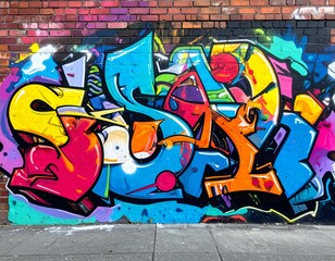 Vibrant graffiti art on a brick wall. Colorful abstract shapes and lettering. Urban street art.