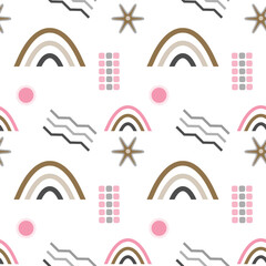 Minimal Boho Seamless Pattern with Rainbows and Abstract Shapes