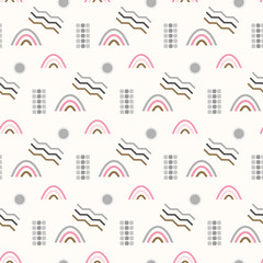 Minimal Boho Seamless Pattern with Rainbows and Abstract Shapes