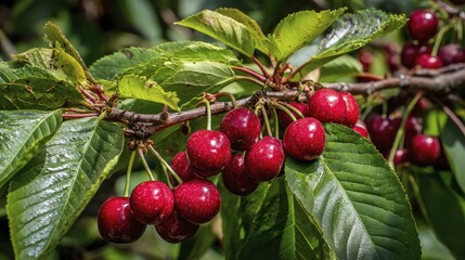 Obraz premium A cluster of ripe cherries, stems intertwined, against a sunlit background - background sunlit deep