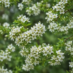 Abundant tiny white flowers cluster on a verdant branch , branch, green