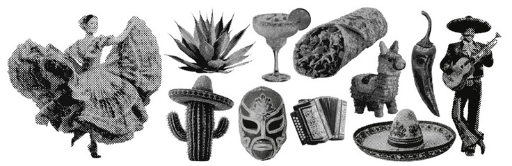 Set of mexican cinco de mayo halftone grunge vector design elements