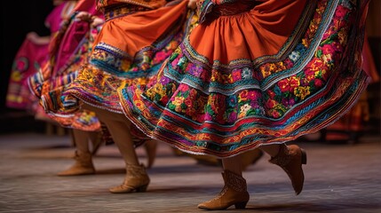 Colorful Traditional Mexican Skirts in Motion During Folkloric Dance Celebration
