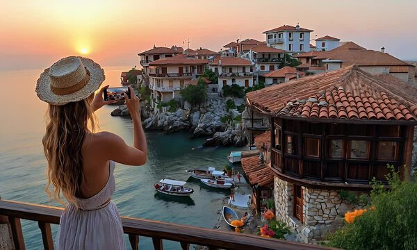 Woman photographs sunset over coastal village from balcony.