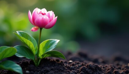 A slender pink floral stem pushes through dark soil, nestled amongst large peony and hydrangea leaves , plant, growth, earth