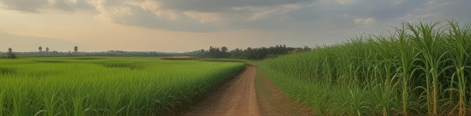 Obraz premium Bending sugarcane, crops below, rural scene Farm landscape, vibrant greenery , rural, agriculture, crop