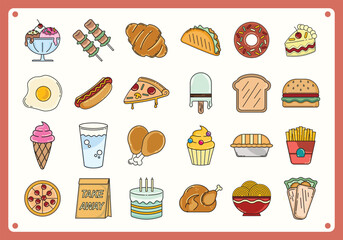  Food icons set. Collection vector black outline logo for mobile apps web or site design full color, retro.