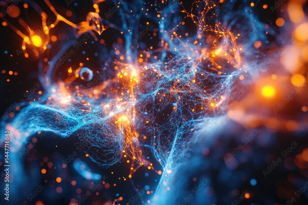 Poster abstract blue and orange particle streams on dark background luminous energy motion design