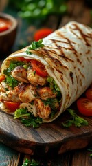 Delicious grilled chicken wrap with fresh vegetables served on a wooden board