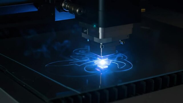 Laser engraving machine precisely etching a design into a sheet of glass with bright blue light and smoke, showcasing modern manufacturing and technology.
