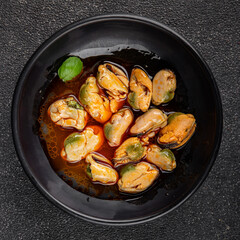 Mussels canned seafood appetizer dish organic product fresh tasty gourmet food background on the table rustic food top view copy space keto paleo pescetarian diet vegetarian food