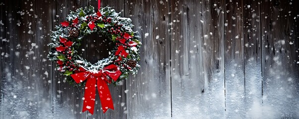 A beautiful holiday wreath adorned with red ribbons hanging on a rustic barn door surrounded by soft snow.