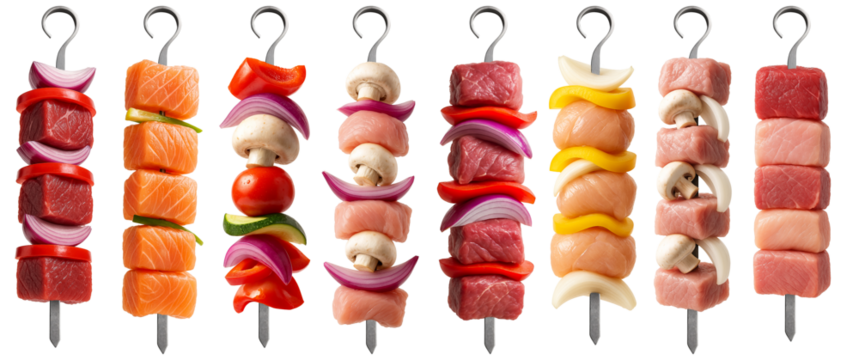 Assorted raw meat and vegetable skewers featuring beef, salmon, chicken, red onion, bell pepper, mushrooms, and zucchini on metal skewers.