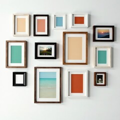 Grid of assorted photo frames in various sizes and styles against a plain white wall, layout, furniture, gallery