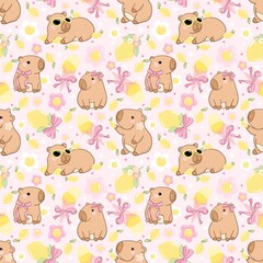 Pink Coquette Capybara and Lemon Pattern. Seamless Capybara Summer Lemonade Design. Pastel Capybara and Lemon Kawaii Pattern for Kids.