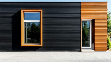 Fototapeta premium Modern building exterior with black facade window and wood panels